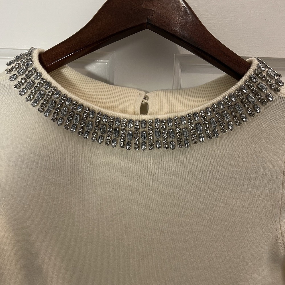 Talbots Jeweled Neckline Short Sleeve Knit Top Rhinestone Glitter Sweater‎ Cream - Picture 4 of 9